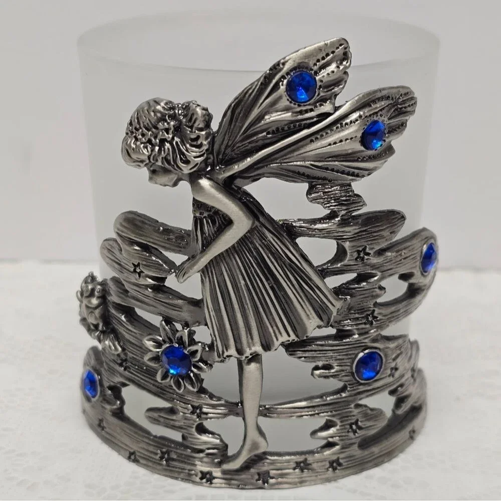 Vintage Silver Metal Fairy Elf Blue Rhinestones Celestial Votive Candle Holder